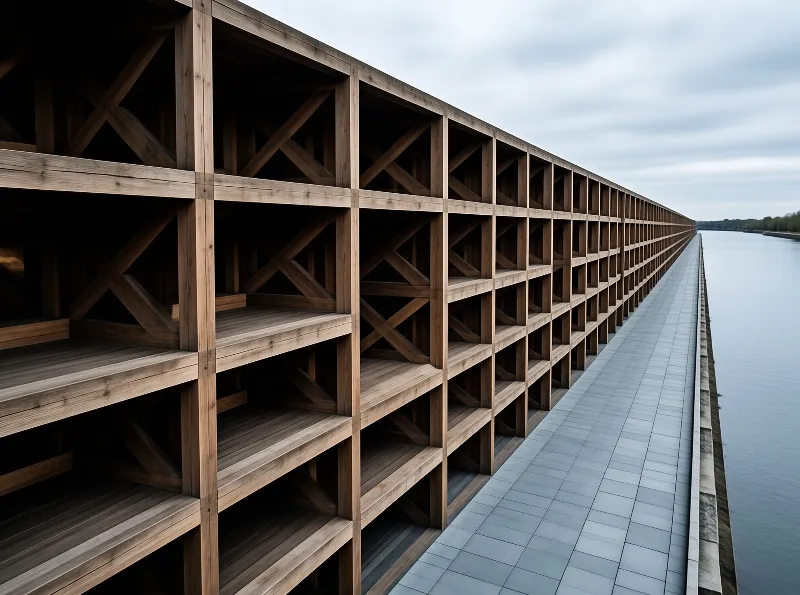 A massive timber shelving wall with cross bracing stretches infinitely beside a paved waterfront walkway under a cloudy grey sky.