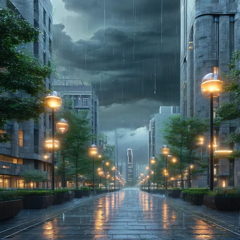 Heavy rain falls on a wide city street where wet pavement mirrors the warm glow of spherical lamps.
