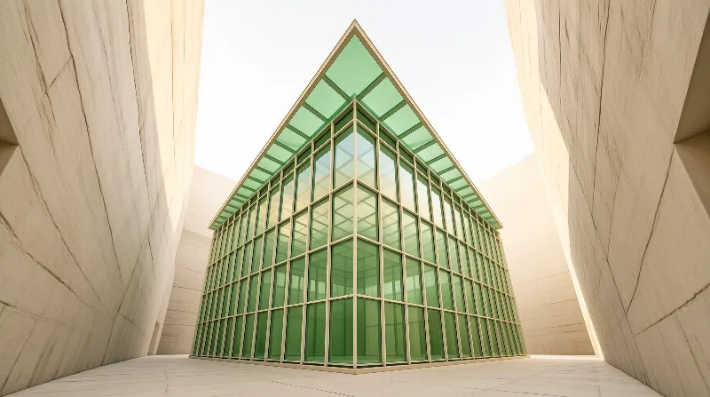 A triangular green glass structure stands between curved light stone walls under bright sky light.