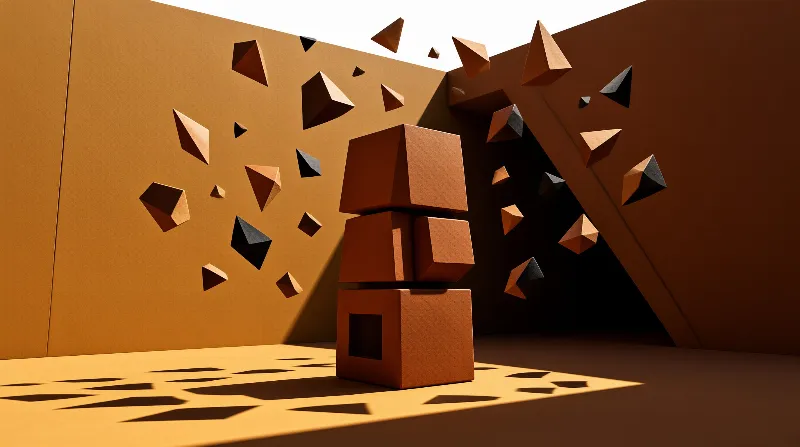 A stack of brown cubes stands in a corner while smaller pyramids float outward from the center.