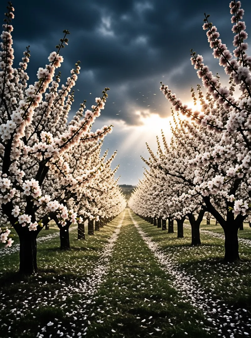 Rows of white blossoming trees line a grassy path beneath dramatic dark clouds pierced by bright sunlight.