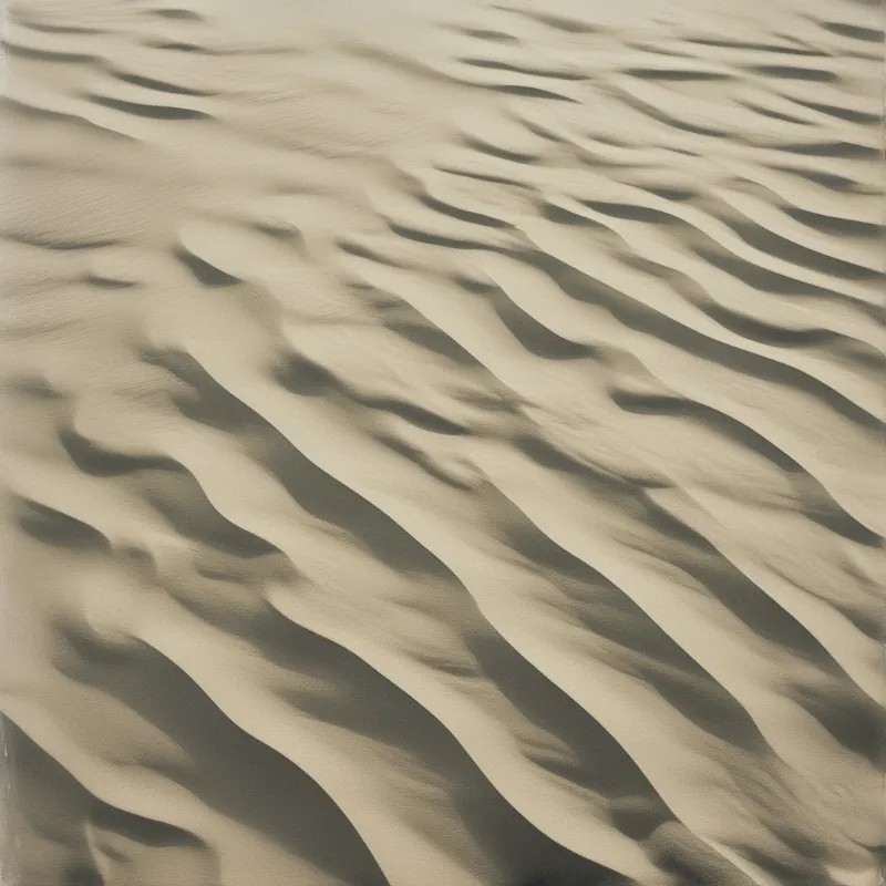 A close-up view of desert sand displaying a rhythmic pattern of ripples where sunlight creates dark shadows in the troughs.