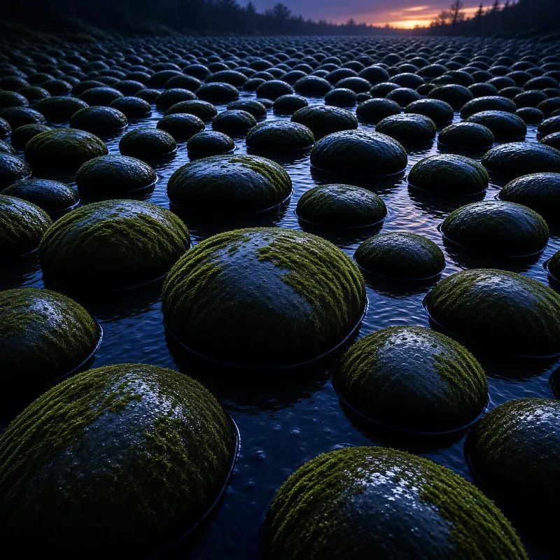 Rows of rounded stones blanketed in green moss rise from a calm pond beneath a fading twilight sky.