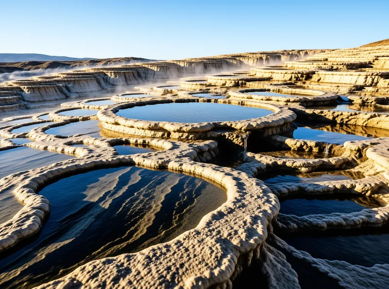 Rounded travertine pools rimmed with pale mineral deposits mirror a clear blue sky as steam drifts over them.