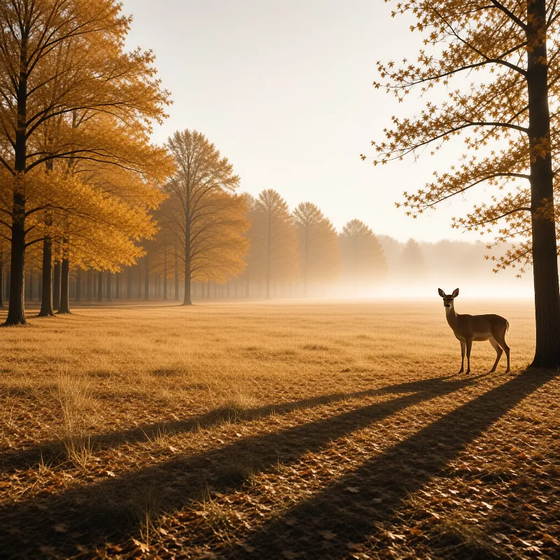 A white-tailed deer stands in a sunlit autumn field with tall golden trees casting long shadows in hazy morning light.