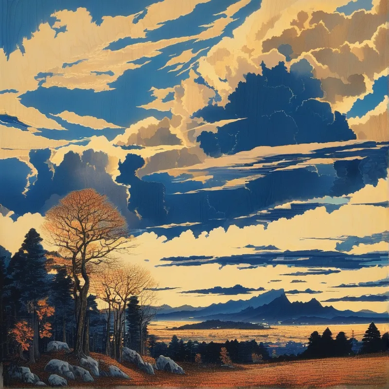 Heavy cream and slate cloud banks fill a painted sky above a leafless tree, distant ridges and harvested fields.