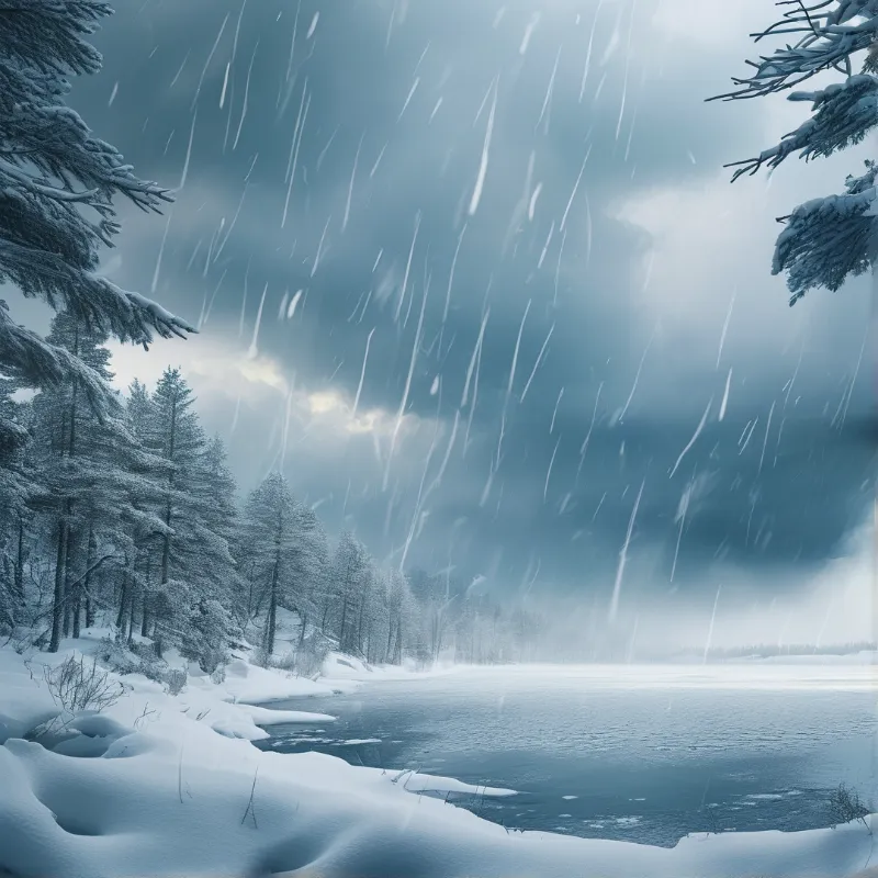 Heavy slanted snow falls past frosted spruces toward a half iced lake under a brooding winter cloud bank