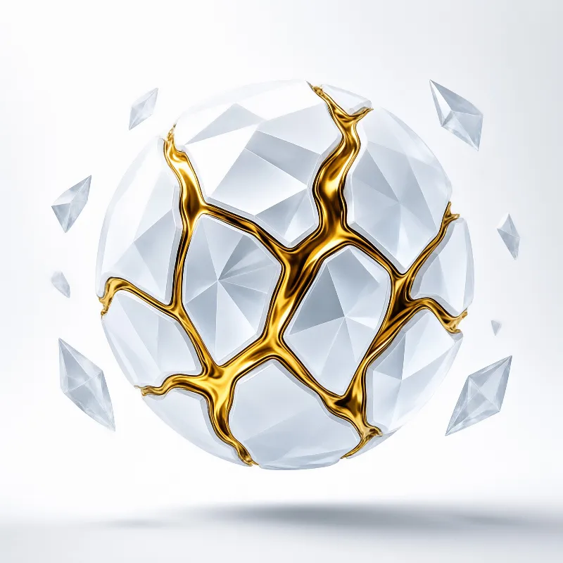 A smooth white orb displays glowing golden fissures while small translucent pieces float around it against a bright backdrop.