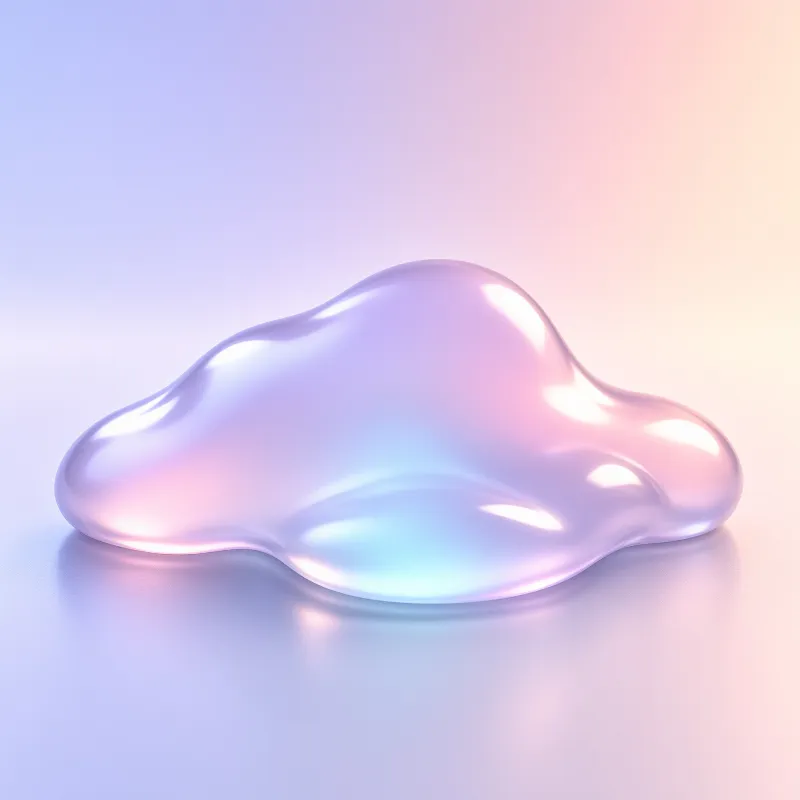 A glossy metallic puddle sits against a soft blue and pink gradient background.