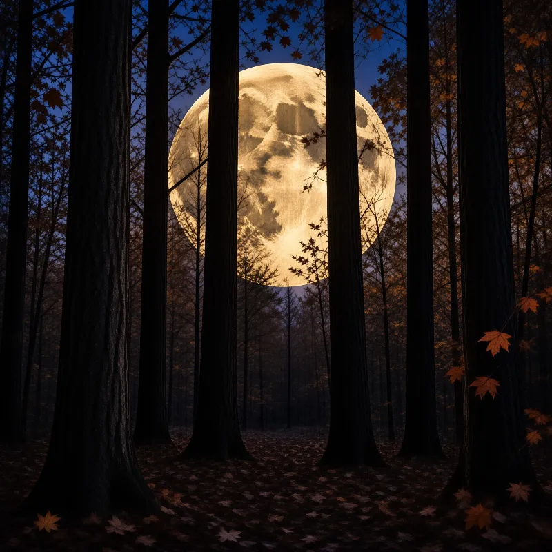 A bright celestial sphere dominates the twilight sky above a grove of slender trees with orange leaves.