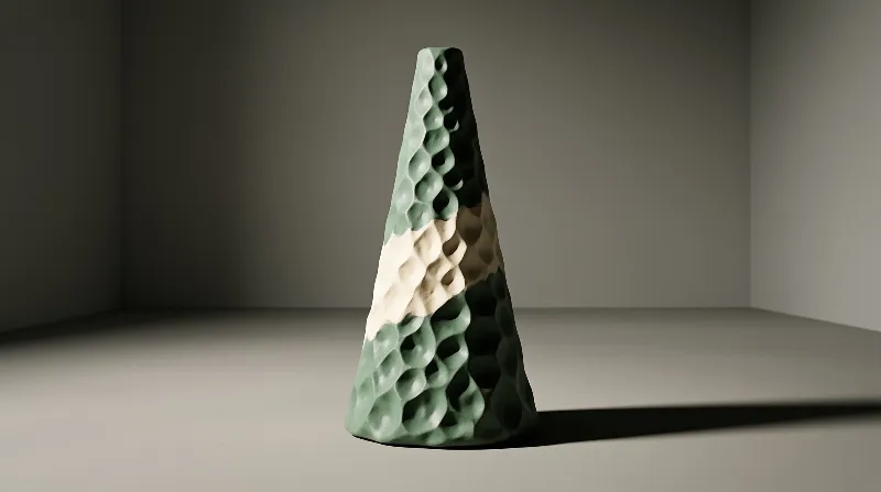 A dimpled conical object in green and white tones stands on a smooth grey floor casting a sharp shadow to the right.