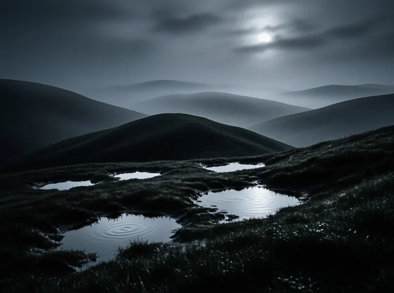 Dark rolling hills fade into fog while foreground puddles reflect the bright moon shining through cloudy skies.