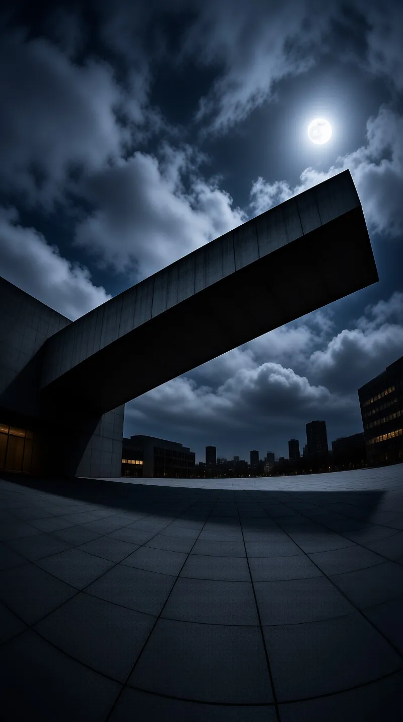 A dark angular beam extends above an empty tiled square beneath a full moon and drifting night clouds.