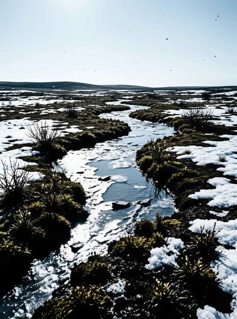 A narrow stream winds its way through a vast landscape of dark moss and patches of melting snow under a bright pale sky.