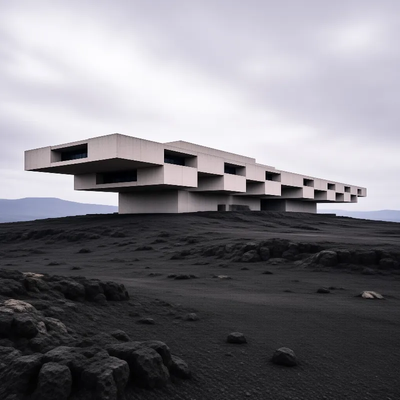 A pale cantilevered concrete structure rests on dark volcanic ground beneath a flat overcast sky.