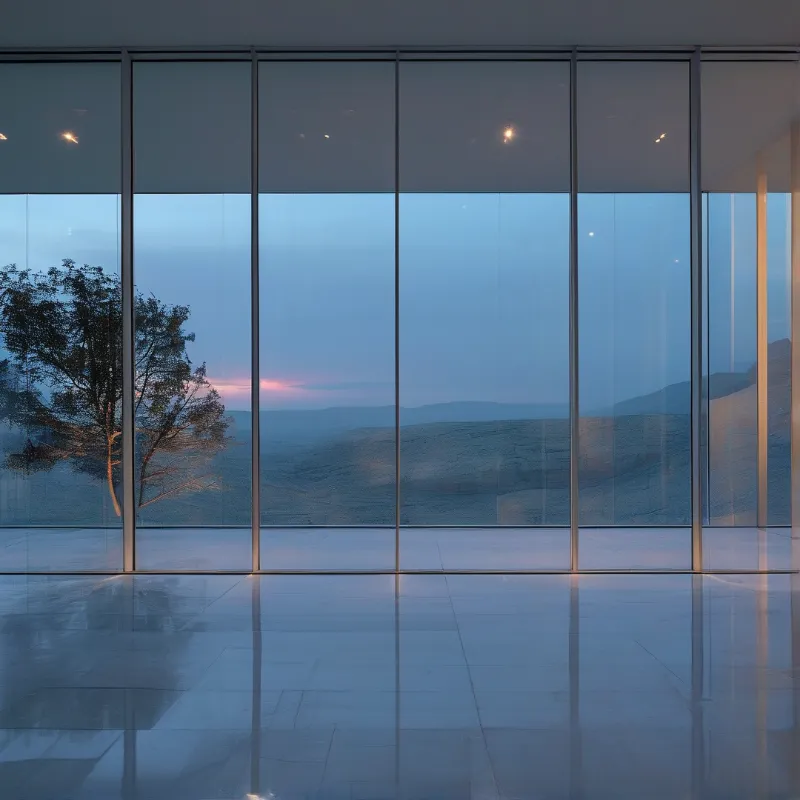 Reflective floor stretches toward floor-to-ceiling glass panels revealing rolling hills beneath a pink dusk sky.