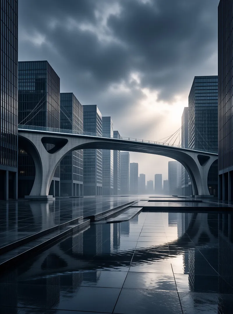 An elevated walkway connects skyscrapers above a wet plaza reflecting light breaking through dark clouds.