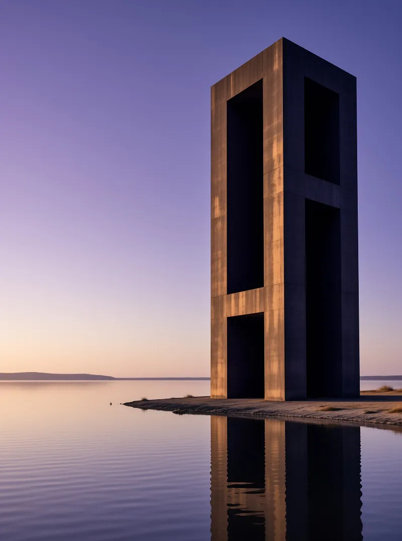 A tall brutalist concrete tower stands on a shore surrounded by calm water reflecting the twilight sky.
