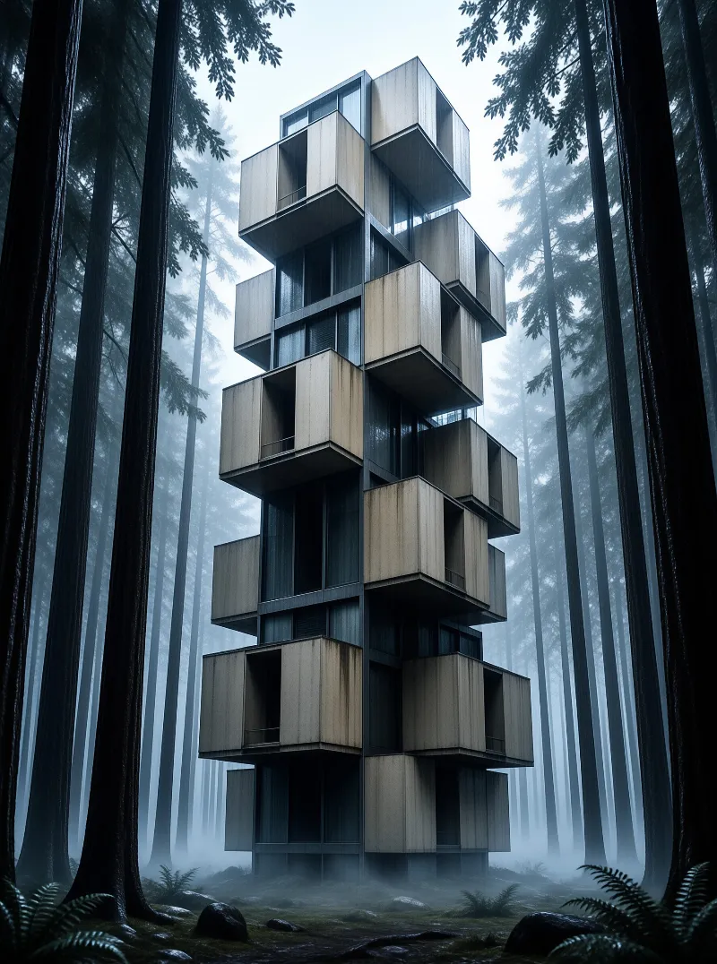 A vertical modular building made of stacked cubes stands surrounded by tall dark trees obscured by heavy white mist.