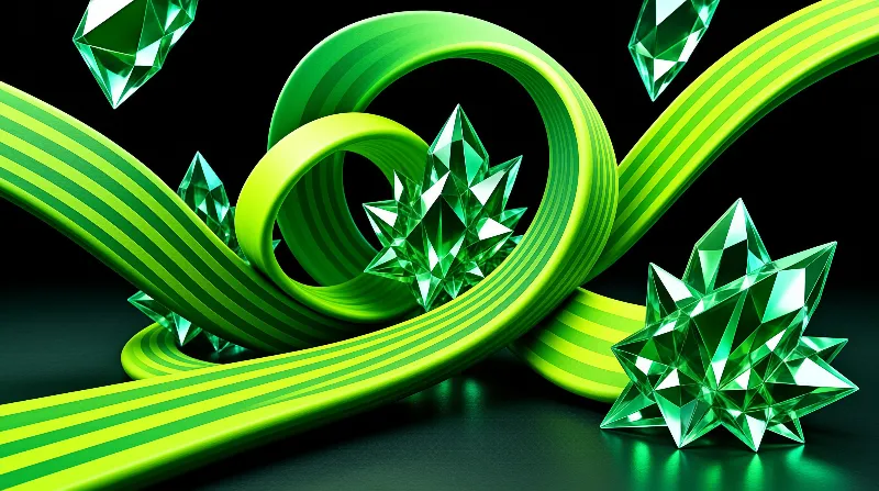Green gemstones and striped ribbons float above a dark reflective surface.