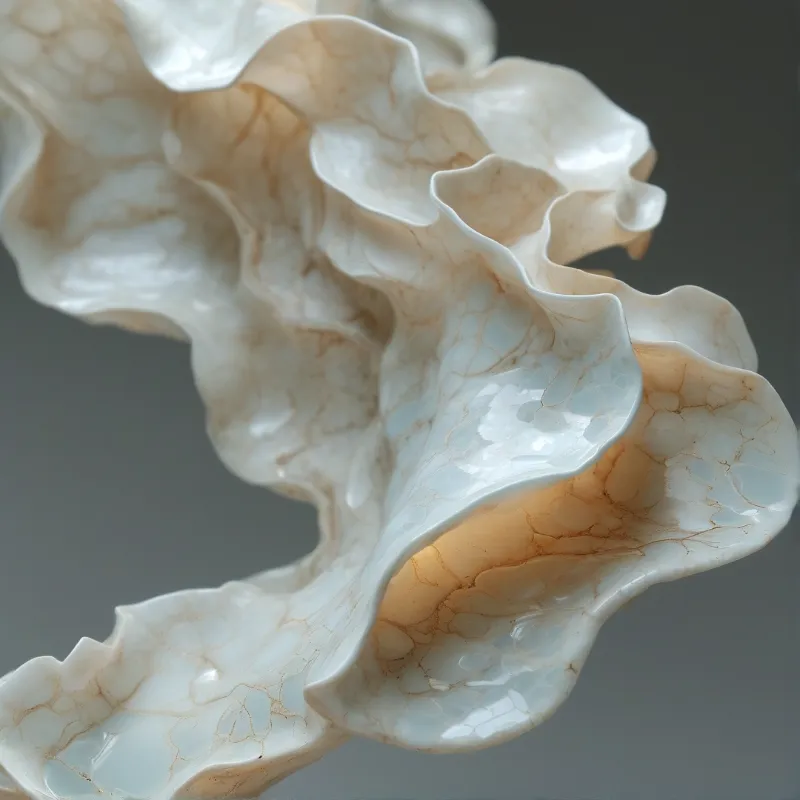 A close study of a rippling porcelain form veined with a warm crackled glaze against a soft grey ground.