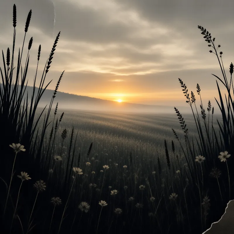 Tall grasses and wildflowers stand as dark silhouettes against a foggy valley where the sun rises through clouds.