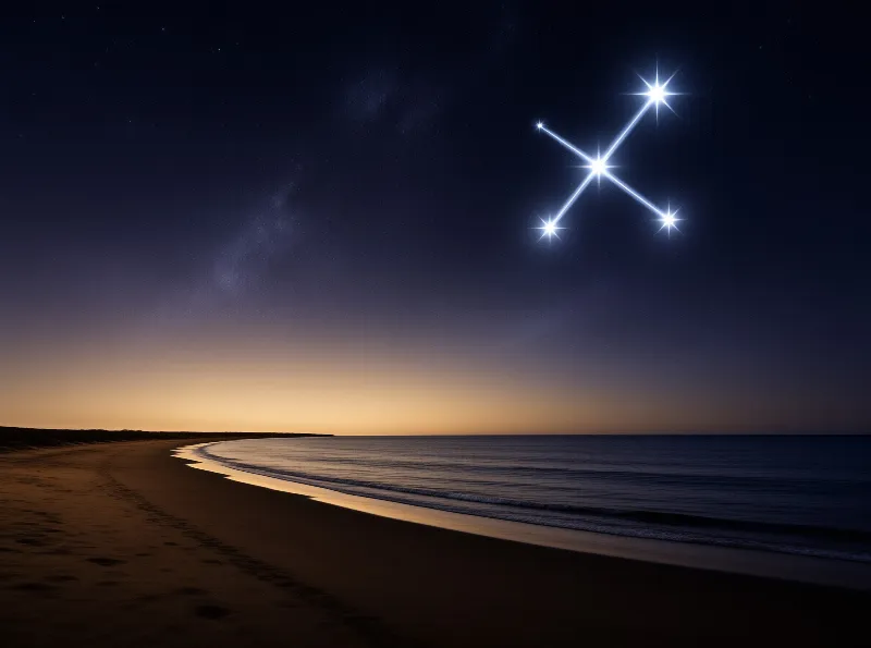 A bright connected star pattern sits over a dark empty ocean shoreline lit by a warm amber horizon glow.