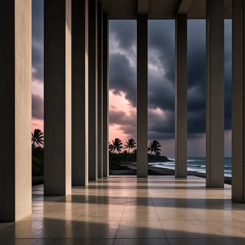 Concrete columns frame a dramatic sky where pink sunset light breaks through dark clouds above the ocean and palm trees.