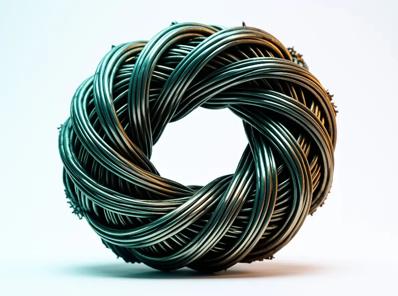A complex toroidal structure made of twisted metallic wires displaying blue and gold reflections on a white surface.