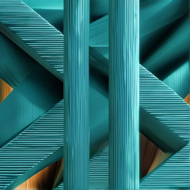 Vertical ribbed teal columns stand before angled geometric planes with subtle warm accents.