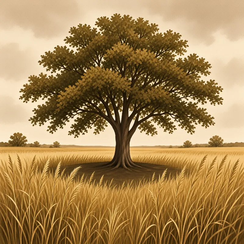 A large oak tree stands alone in a golden wheat field with distant trees under a cloudy sky.