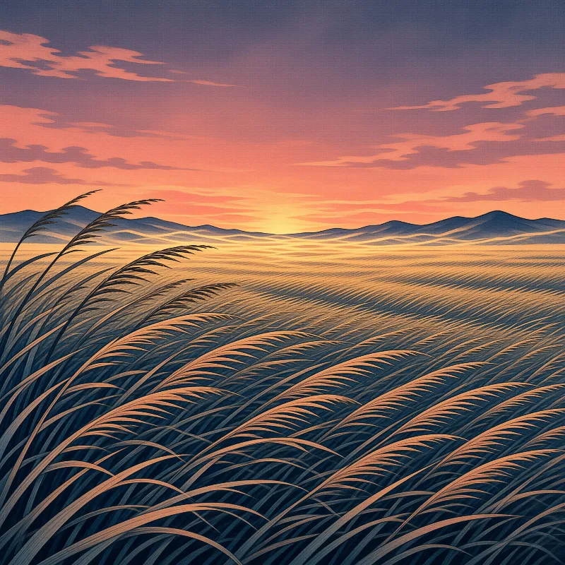 Ripples of tall grass extend towards distant mountains beneath a colorful orange sky.