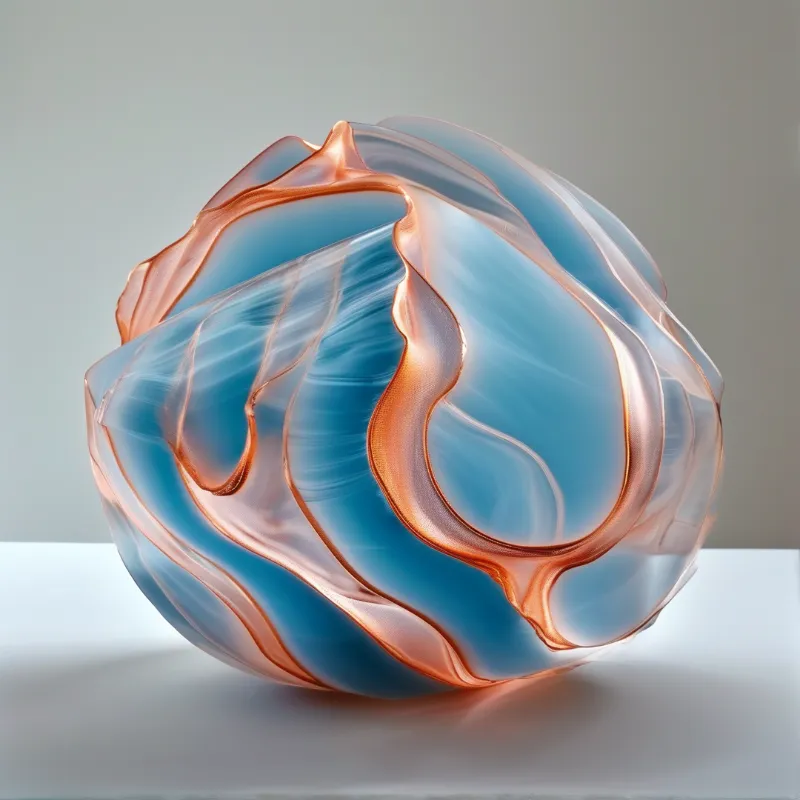 A twisted translucent glass form with blue and copper swirls rests on a white surface under soft even lighting.