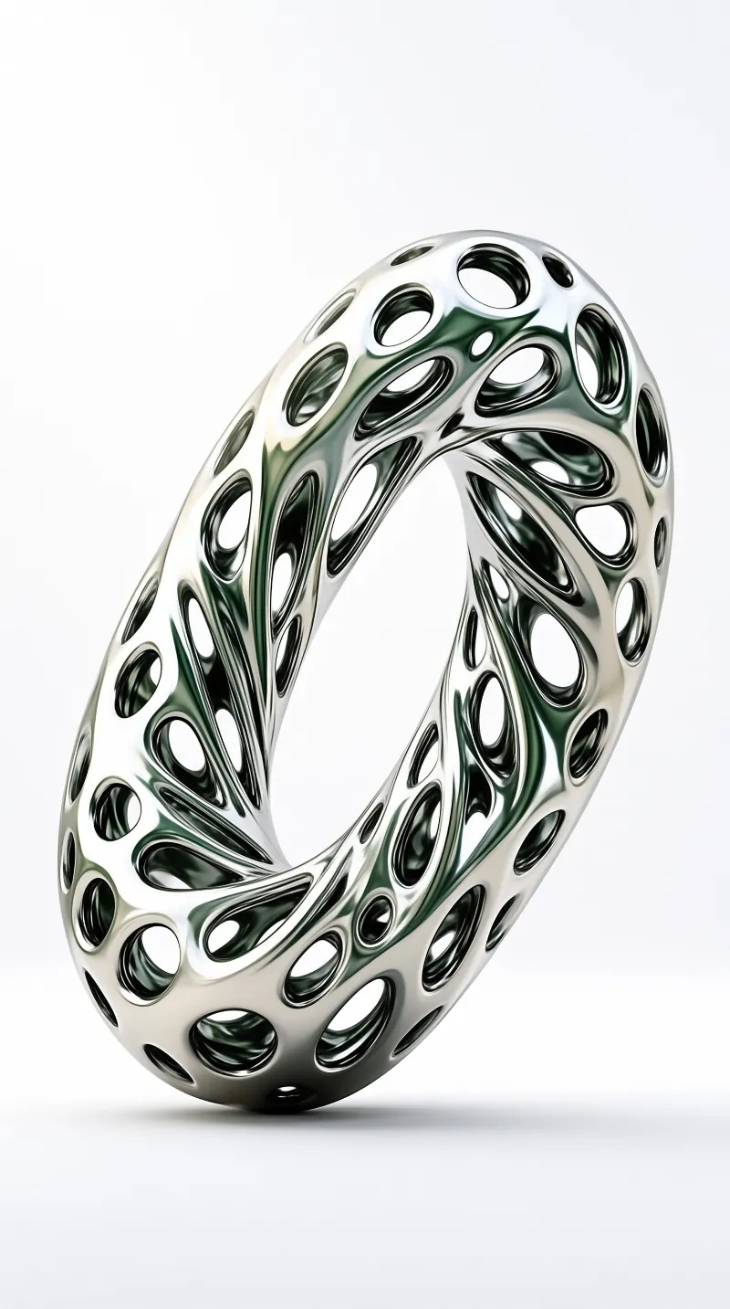 A shiny silver ring covered in irregular holes resting on a white surface with bright reflections on its metal.