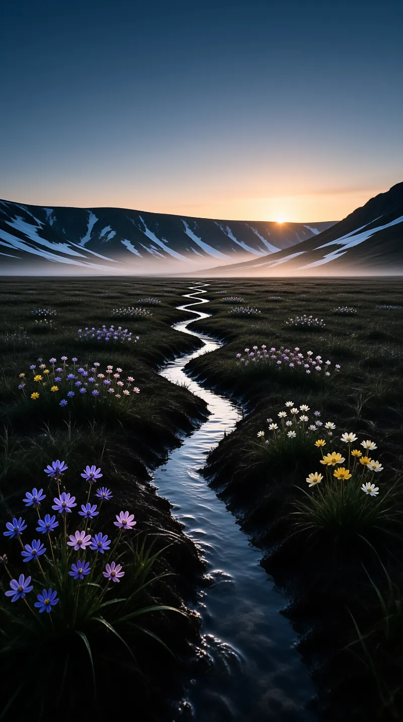 A waterway winds through a grassy field with purple and yellow blooms while snow capped hills rise under a clear sky.