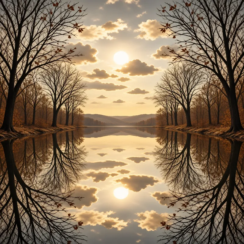A calm river reflects the golden sun and clouds while bare trees line the banks on either side.
