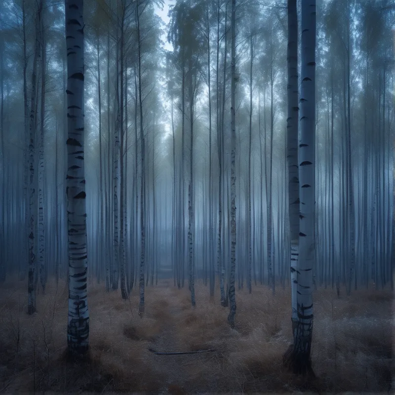 Tall slender birch trunks rise in a cold foggy grove while dim pale light leaks through the canopy above.