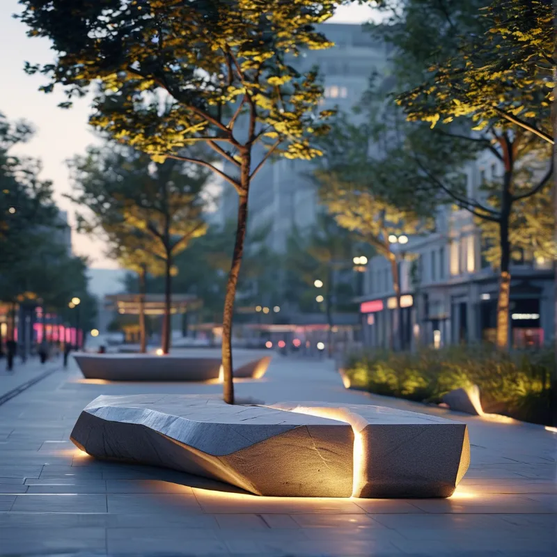 Irregular concrete benches sit on a paved promenade surrounded by warm lit trees during the evening blue hour.