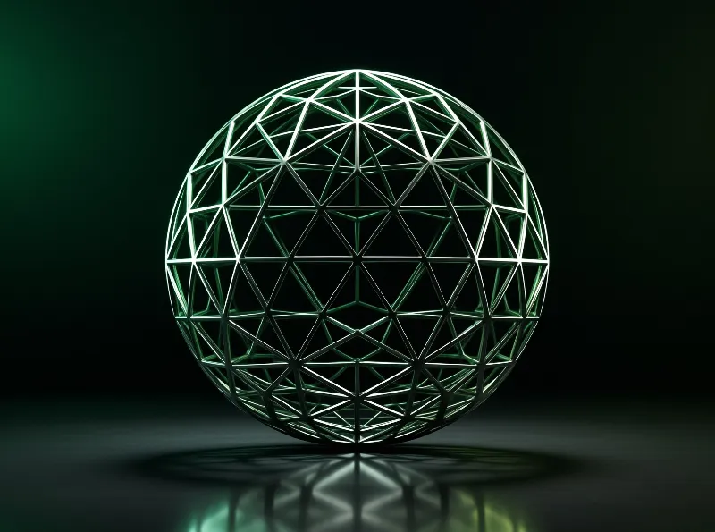 A metal wireframe geodesic sphere sits on a dark reflective surface, lit by soft green light with a reflection below it.