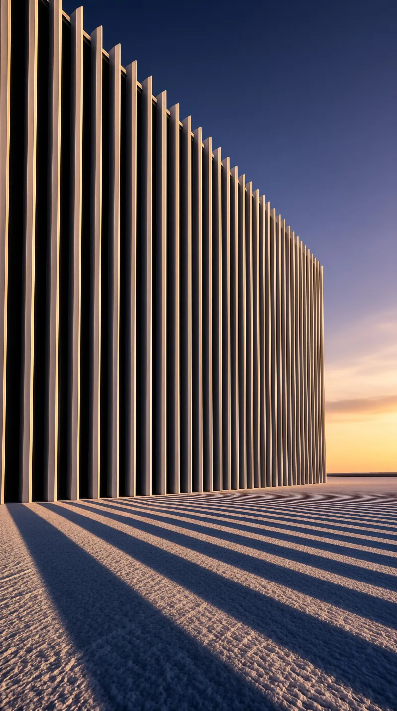A long row of slender columns glows amber at sunset while its shadows stripe across pale flat ground.