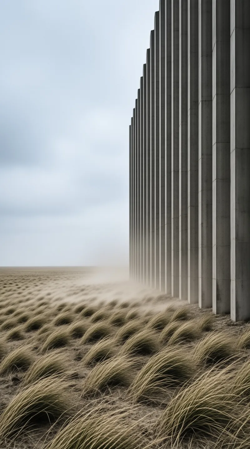 A massive concrete wall stands vertically in a field of grass blowing in the wind under a hazy overcast sky.