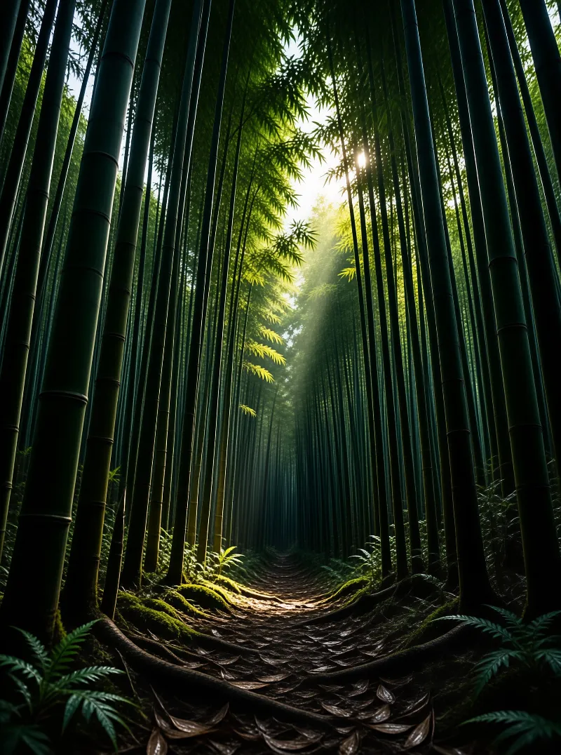 Dense green bamboo trees line a winding dirt road illuminated by bright sunlight breaking through the canopy above.