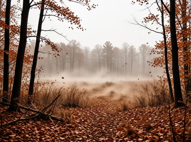 Fallen leaves cover a forest path leading toward a distant tree line that fades completely into thick gray mist.