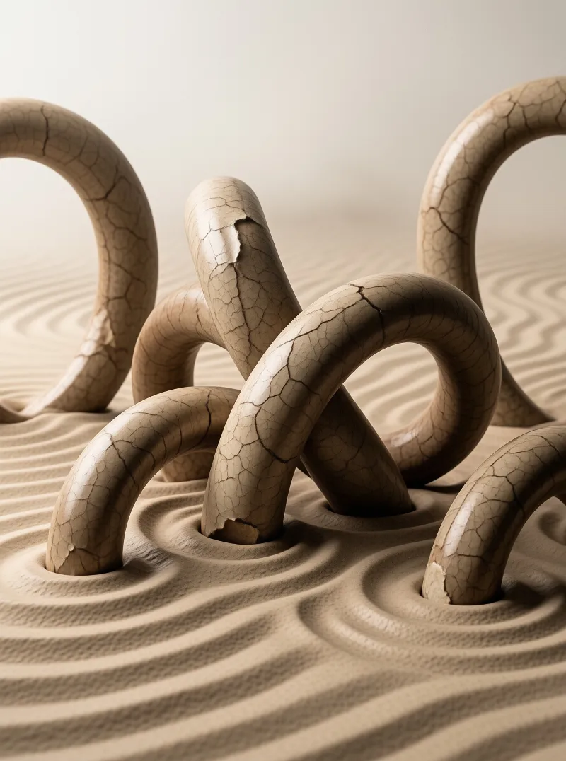 Weathered porcelain tubes arc out of finely rippled beige sand, their glazed surfaces covered in dark cracks.