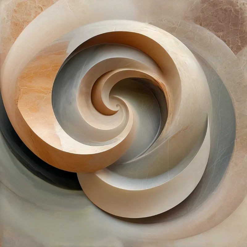 A close-up view of a beige spiral sculpture that curves inward with smooth textures and gentle shadows.