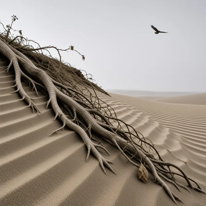 Twisted pale roots cascade over wind rippled dunes while a lone bird glides across a soft grey sky.