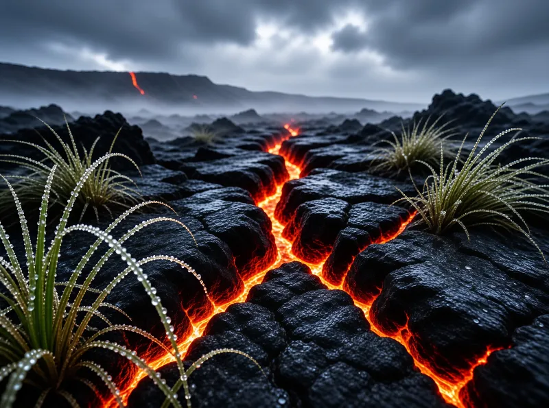 Bright orange lava flows between dark rough volcanic rocks while dewy grass grows nearby under a cloudy sky.