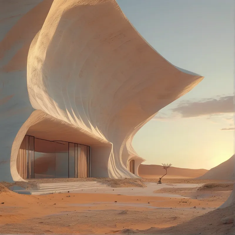 A flowing curved building in a desert at sunset with glass entrance and a lone tree under warm light