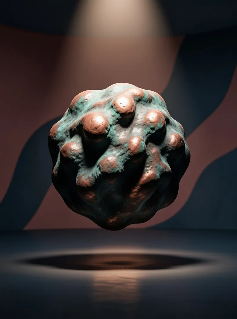 A textured object with bronze and green tones floats above a dark reflective surface under warm lighting.