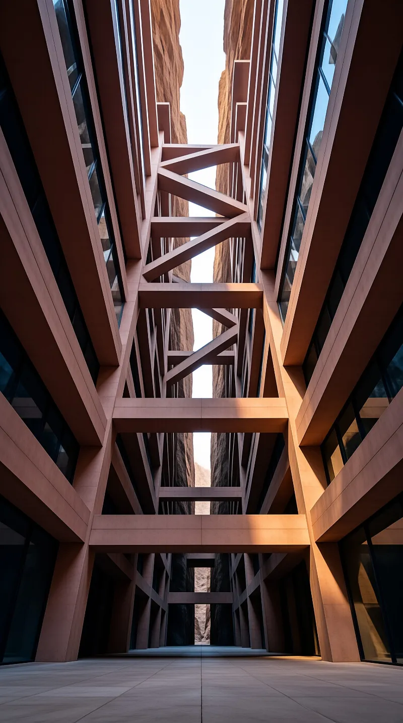 Looking up through a narrow canyon-like space between reddish-brown buildings with geometric trusses overhead